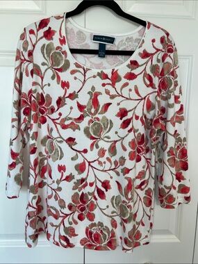 Karen Scott White Floral Crewneck Tunic with Red and Taupe Prints